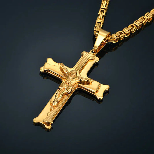 Crucifixo Dourado em Aço Inoxidável com Jesus - Colar Imponente e Corrente Longa para Homens Devotos shopjponline.com