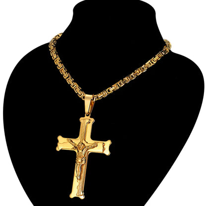 Crucifixo Dourado em Aço Inoxidável com Jesus - Colar Imponente e Corrente Longa para Homens Devotos shopjponline.com