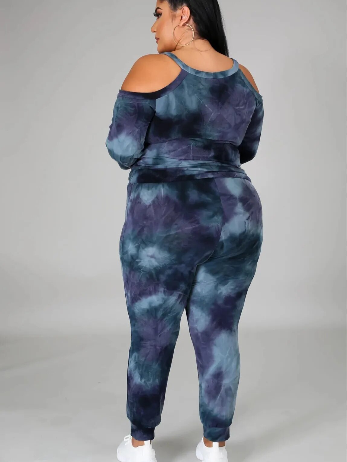 Moda Plus Size: Fato Desportivo Casual Escuro com Estampado Tie Dye, Decote Fora do Ombro, Tamanhos L-5XL shopjponline.com