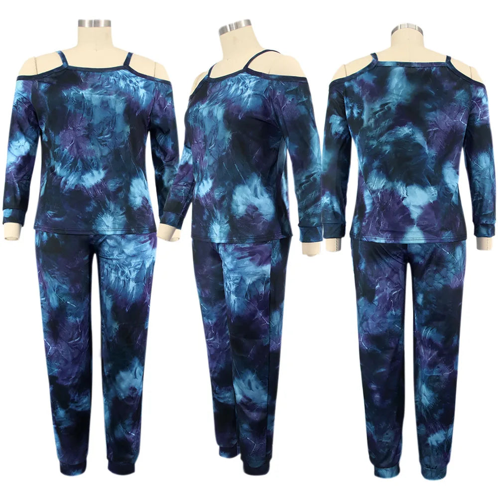 Moda Plus Size: Fato Desportivo Casual Escuro com Estampado Tie Dye, Decote Fora do Ombro, Tamanhos L-5XL shopjponline.com