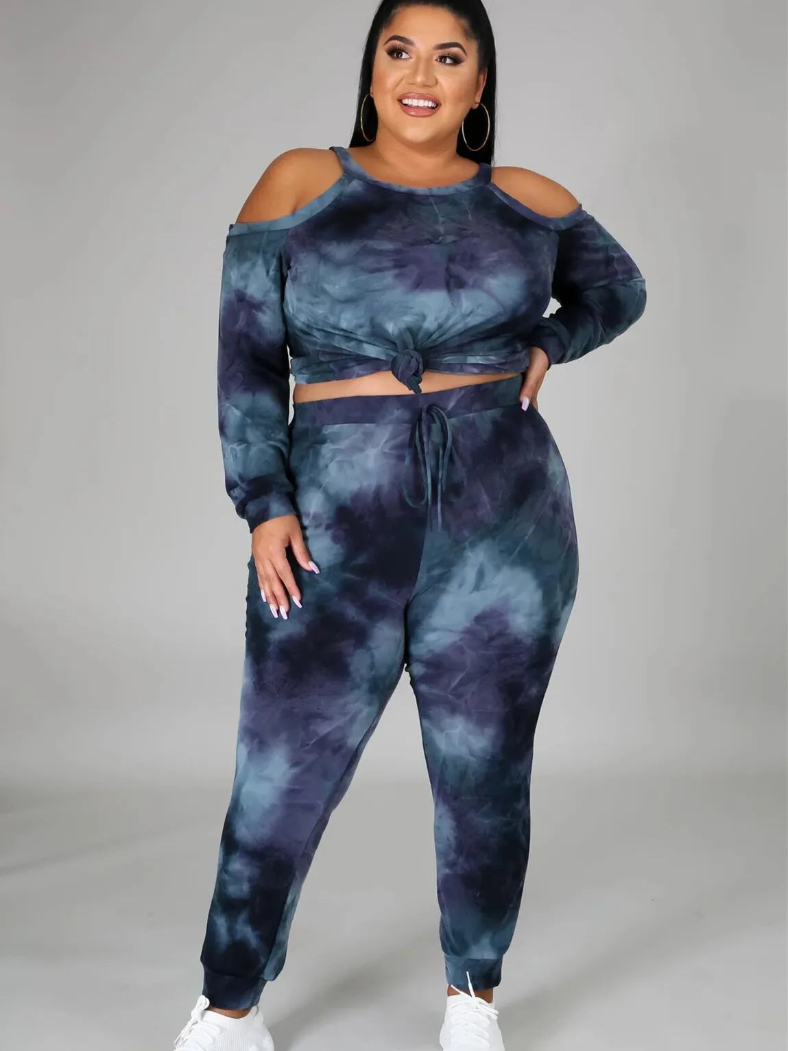 Moda Plus Size: Fato Desportivo Casual Escuro com Estampado Tie Dye, Decote Fora do Ombro, Tamanhos L-5XL shopjponline.com