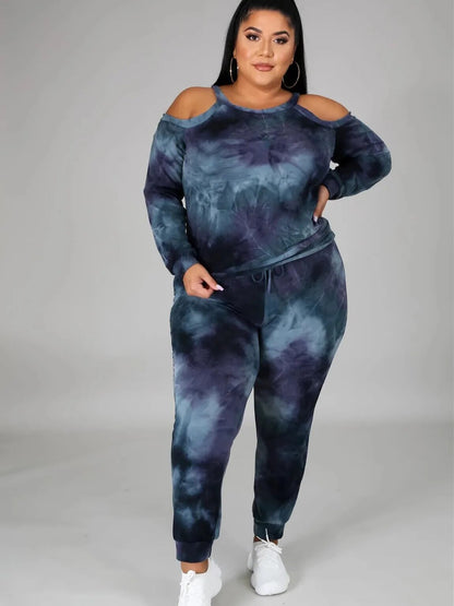 Moda Plus Size: Fato Desportivo Casual Escuro com Estampado Tie Dye, Decote Fora do Ombro, Tamanhos L-5XL shopjponline.com