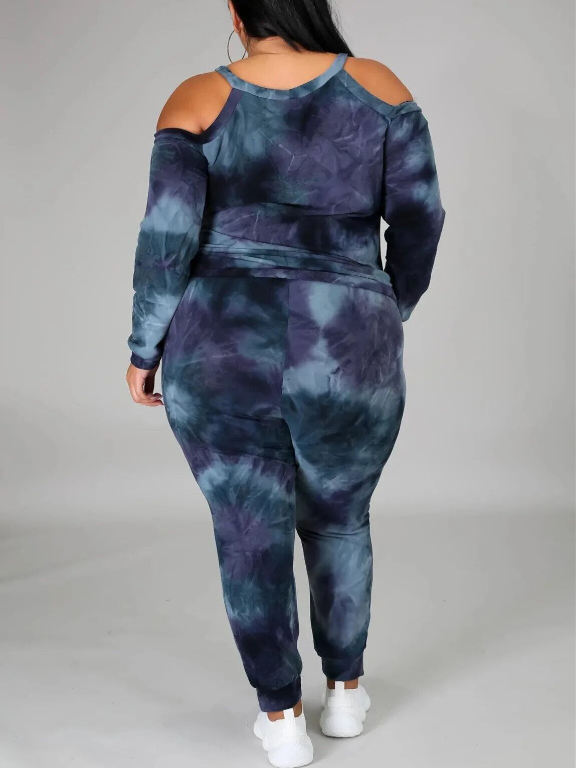 Moda Plus Size: Fato Desportivo Casual Escuro com Estampado Tie Dye, Decote Fora do Ombro, Tamanhos L-5XL shopjponline.com