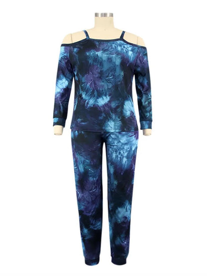 Moda Plus Size: Fato Desportivo Casual Escuro com Estampado Tie Dye, Decote Fora do Ombro, Tamanhos L-5XL shopjponline.com