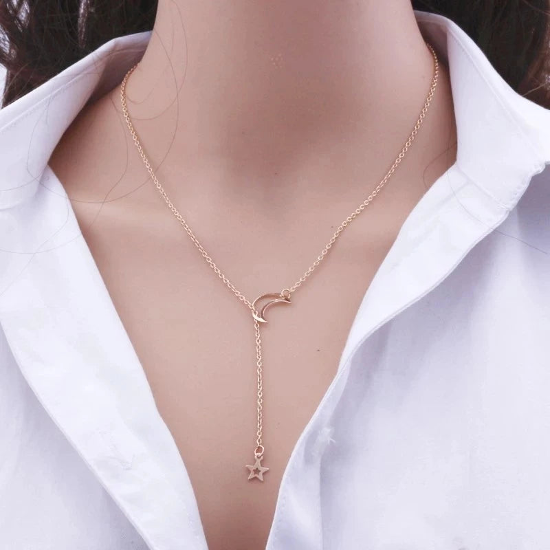 New Simple Moon Star Pendant Choker Necklace Simple Gold Color Alloy Charm Chain Collares Necklace For Women Party Jewelry shopjponline.com